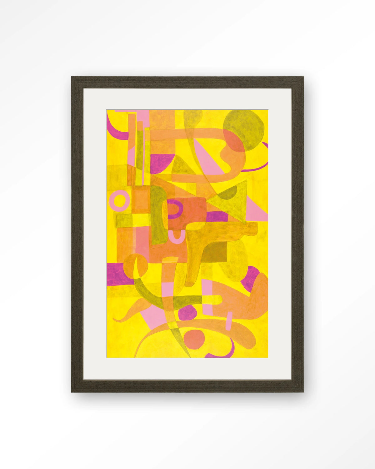 Otono Dorado – abstract in geel en roze – Art print – Hout donkerbruin + passe-partout
