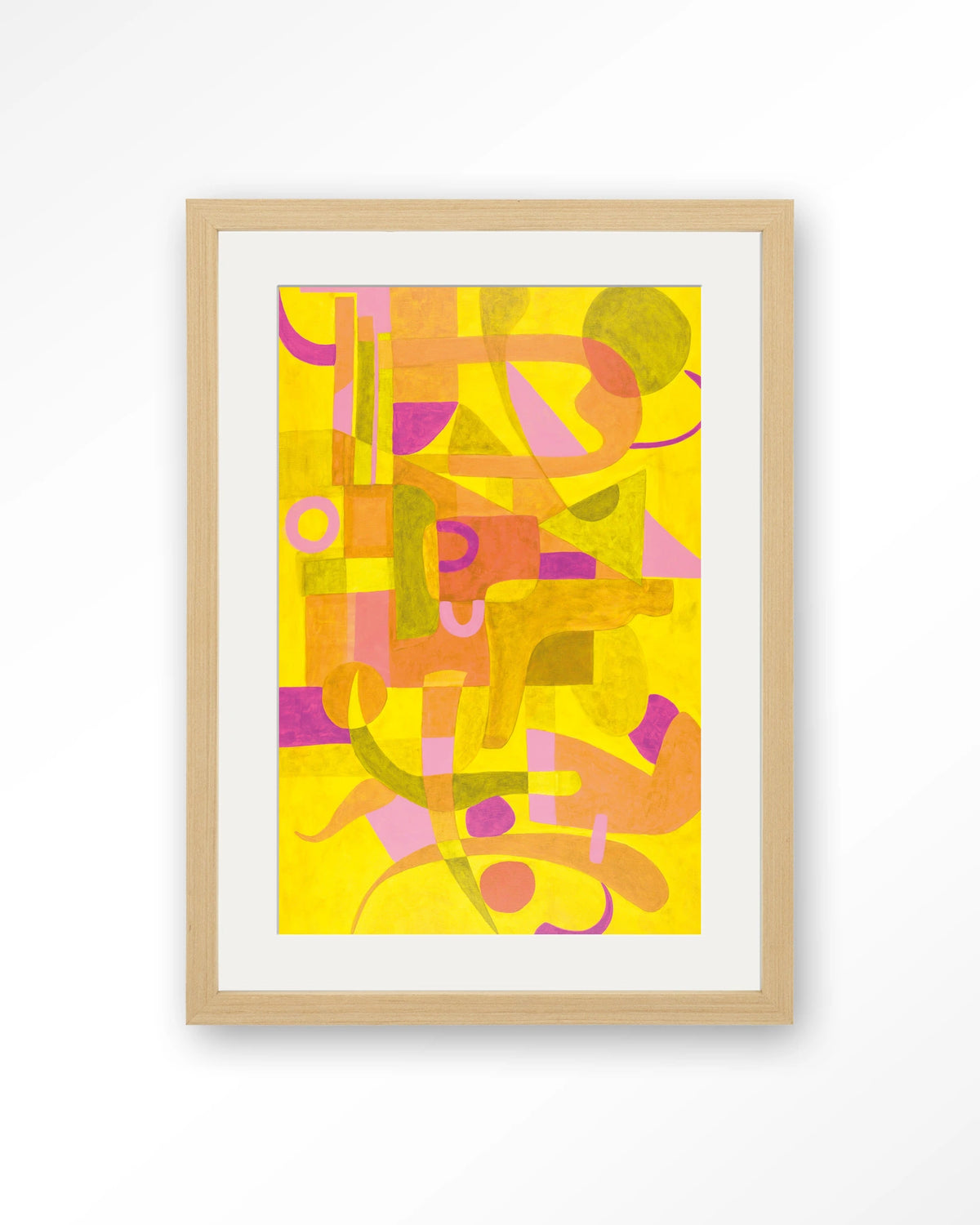 Otono Dorado – abstract in geel en roze – Art print – Hout naturel + passe-partout