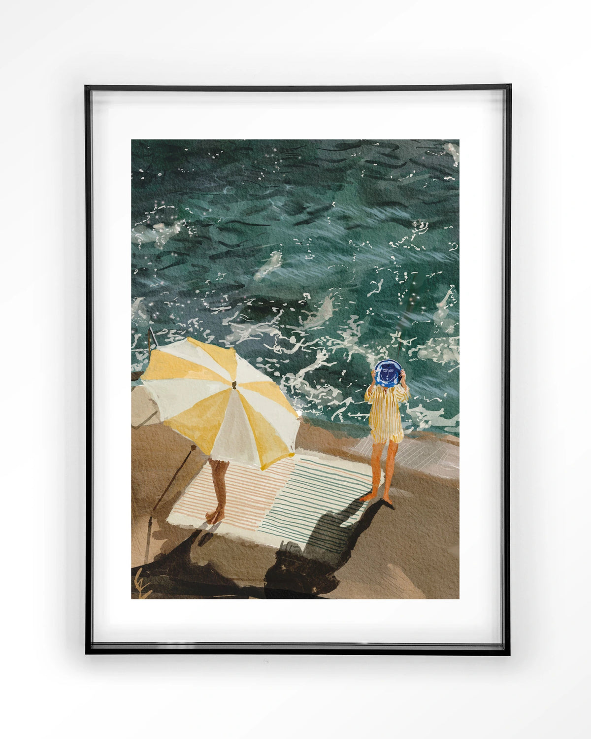 Between The Sun And Storm – strand met parasol en zee – Art print – Acryl zwart