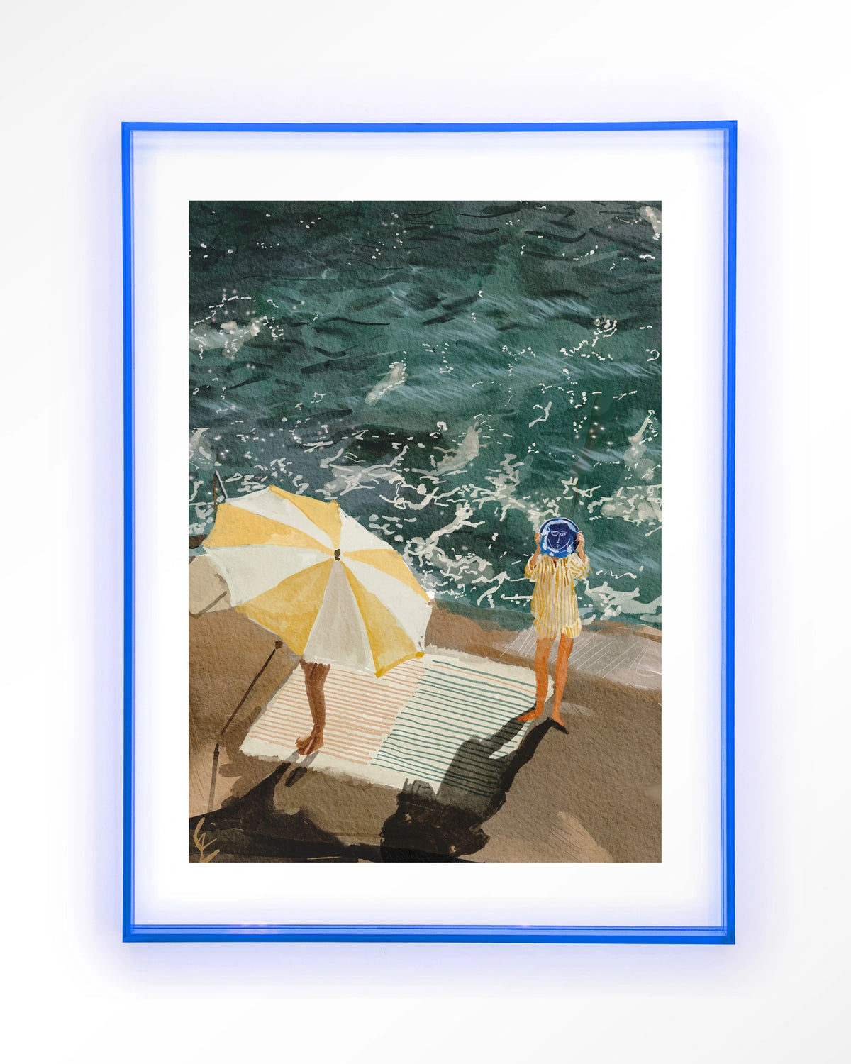 Between The Sun And Storm – strand met parasol en zee – Art print – Acryl lichtblauw