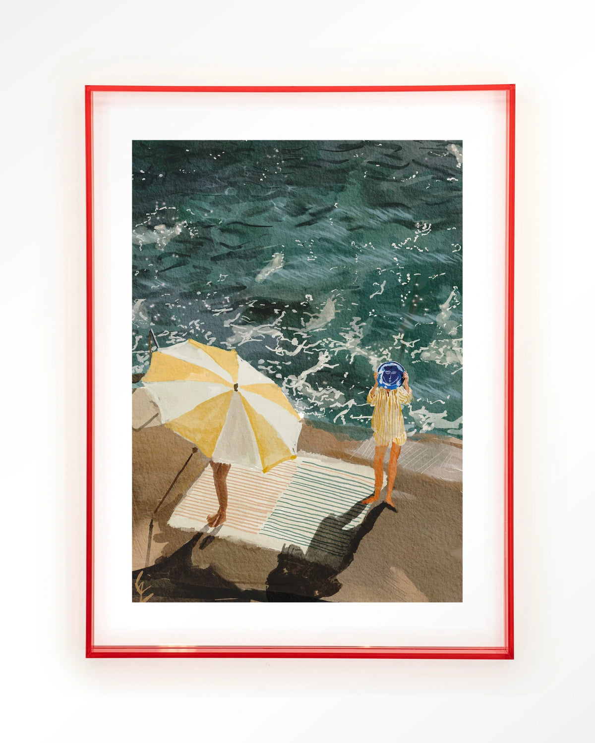 Between The Sun And Storm – strand met parasol en zee – Art print – Acryl roze