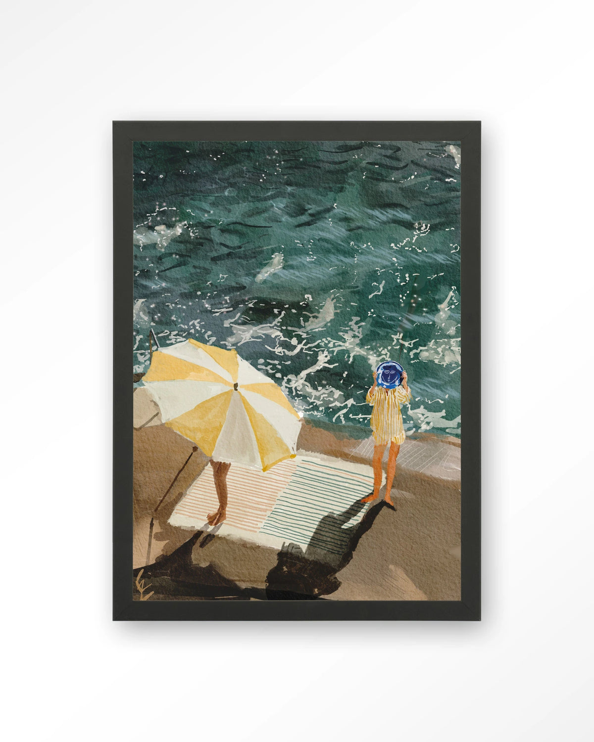 Between The Sun And Storm – strand met parasol en zee – Art print – Hout zwart