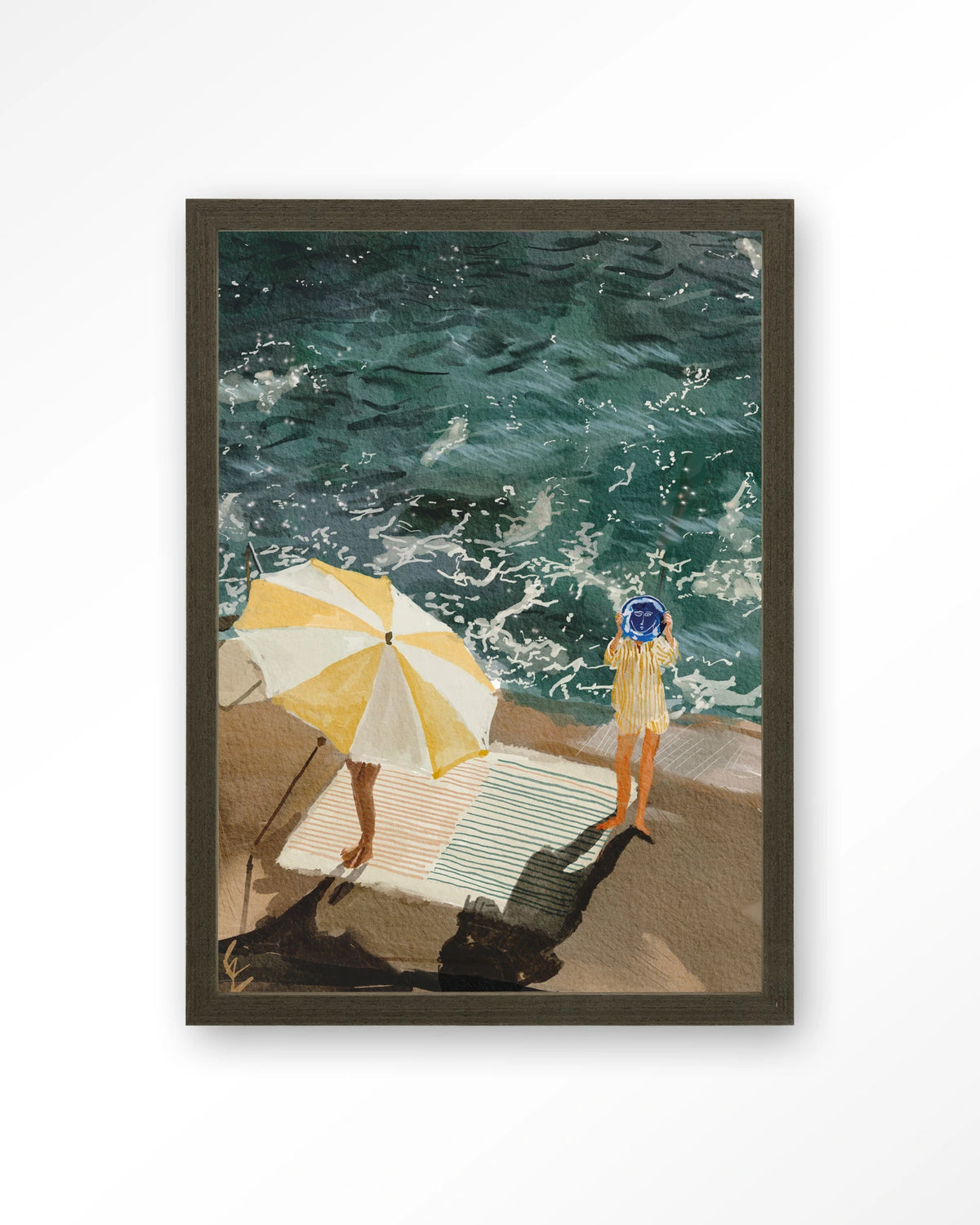 Between The Sun And Storm – strand met parasol en zee – Art print – Hout donkerbruin