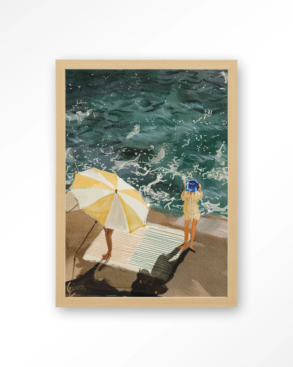 Between The Sun And Storm – strand met parasol en zee – Art print – Hout naturel