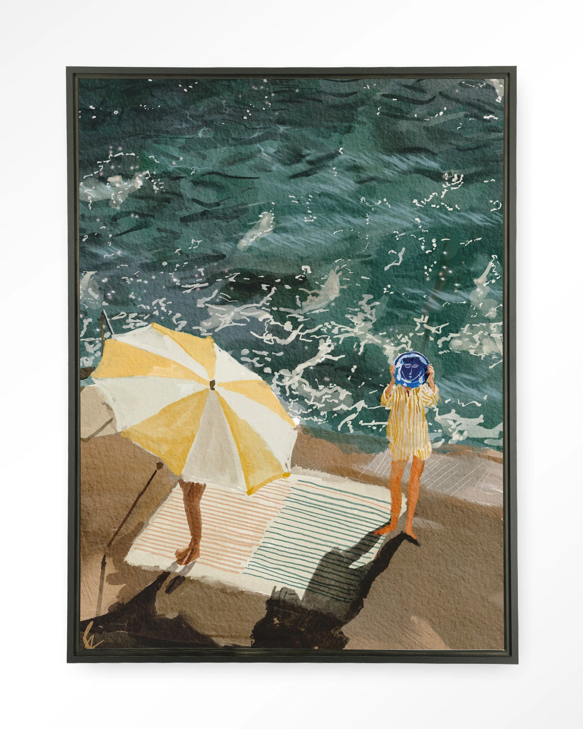Between The Sun And Storm – strand met parasol en zee – Wandkleed – Floating frame – zwart