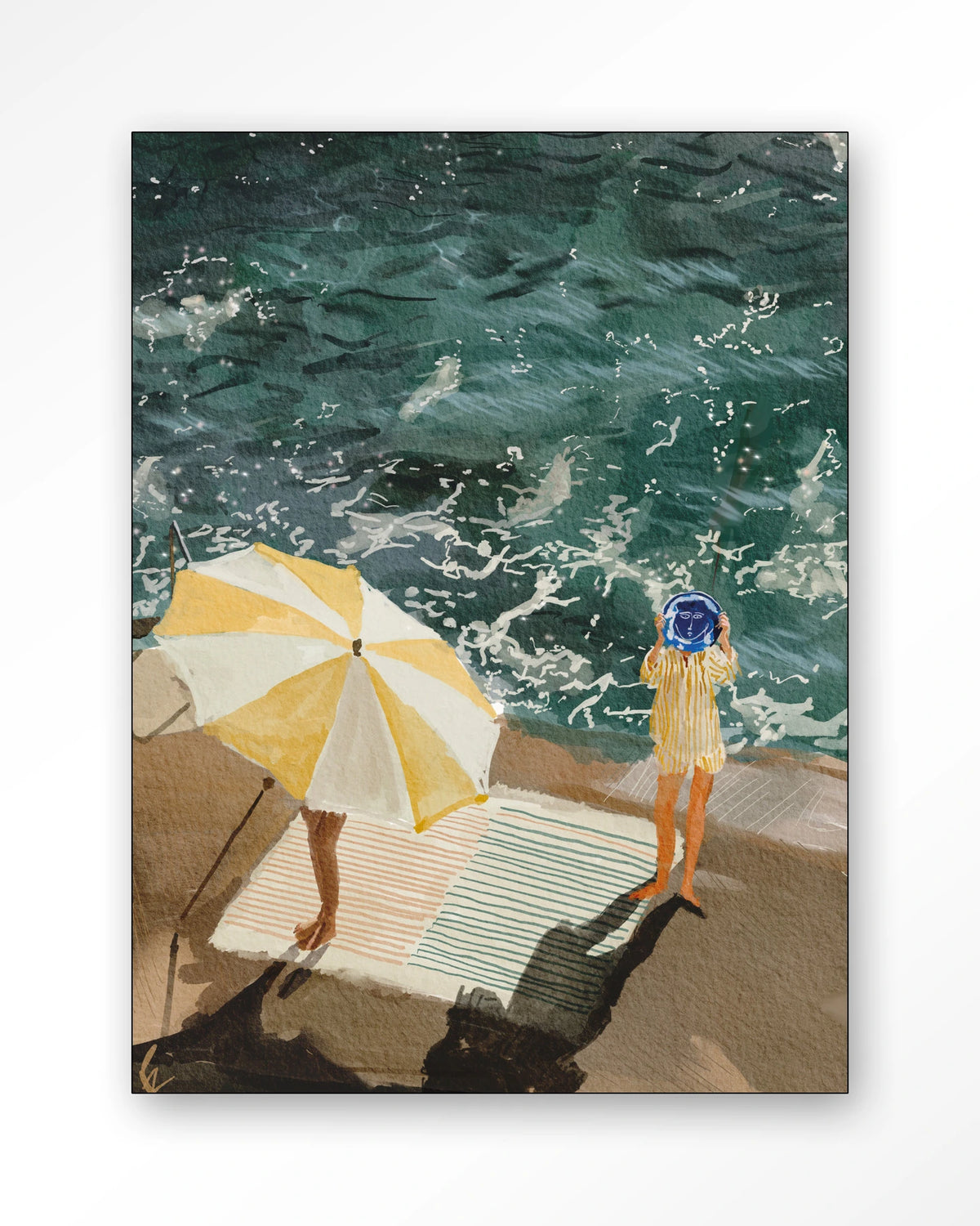 Between The Sun And Storm – strand met parasol en zee – Wandkleed – Frame – zwart