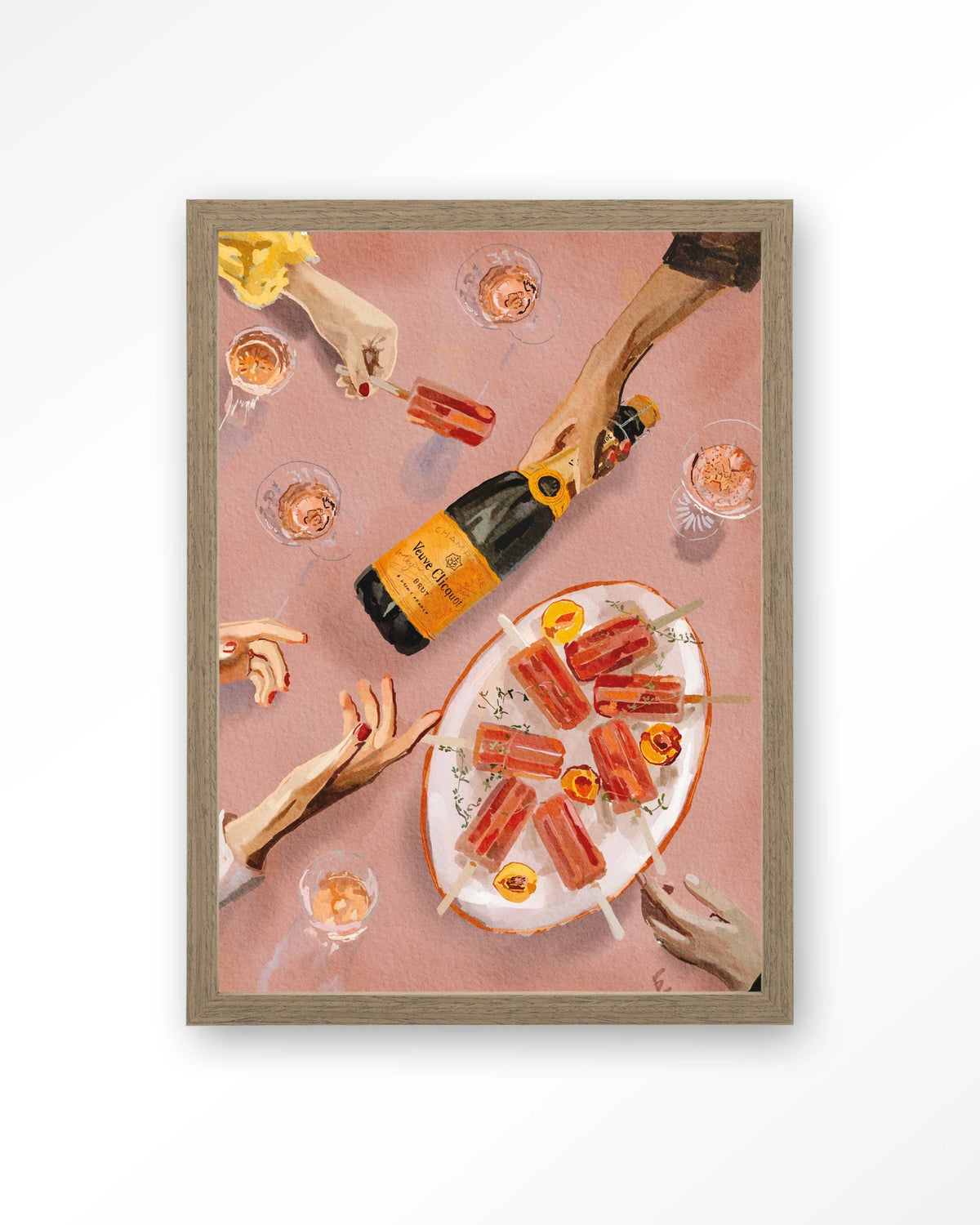 Champagne And Icecreams – champagne en ijslolly's in roze – Art print – Hout bruin