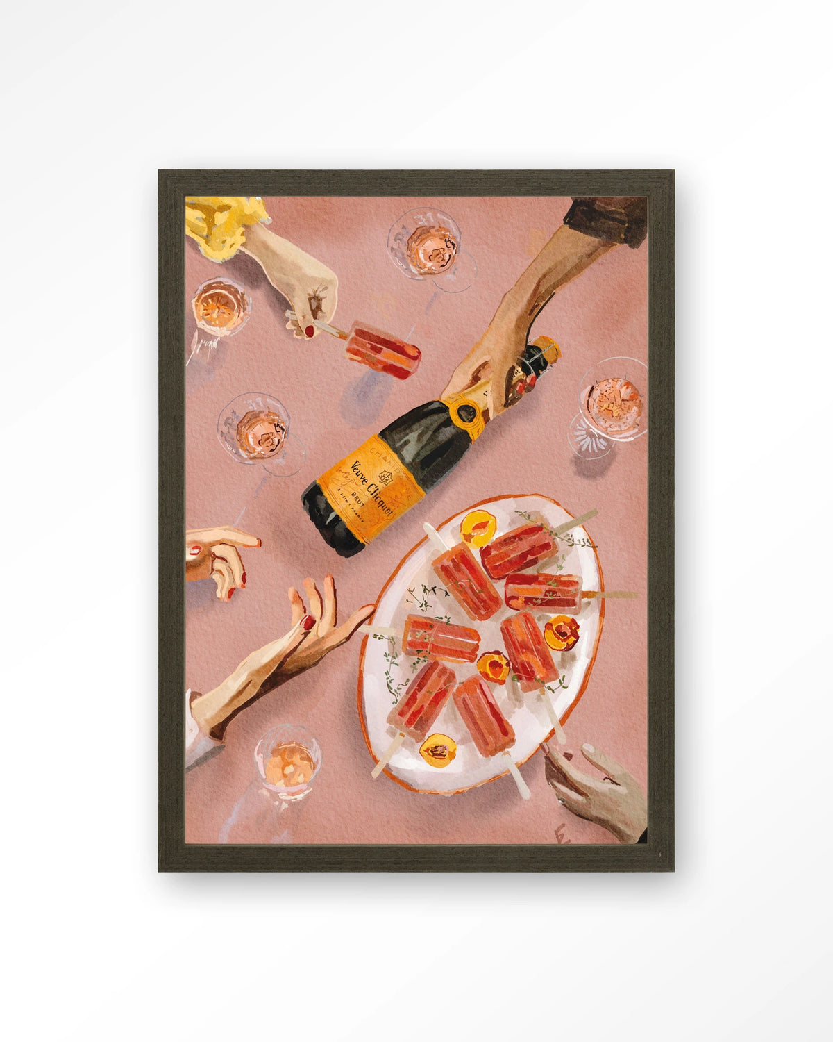 Champagne And Icecreams – champagne en ijslolly's in roze – Art print – Hout donkerbruin