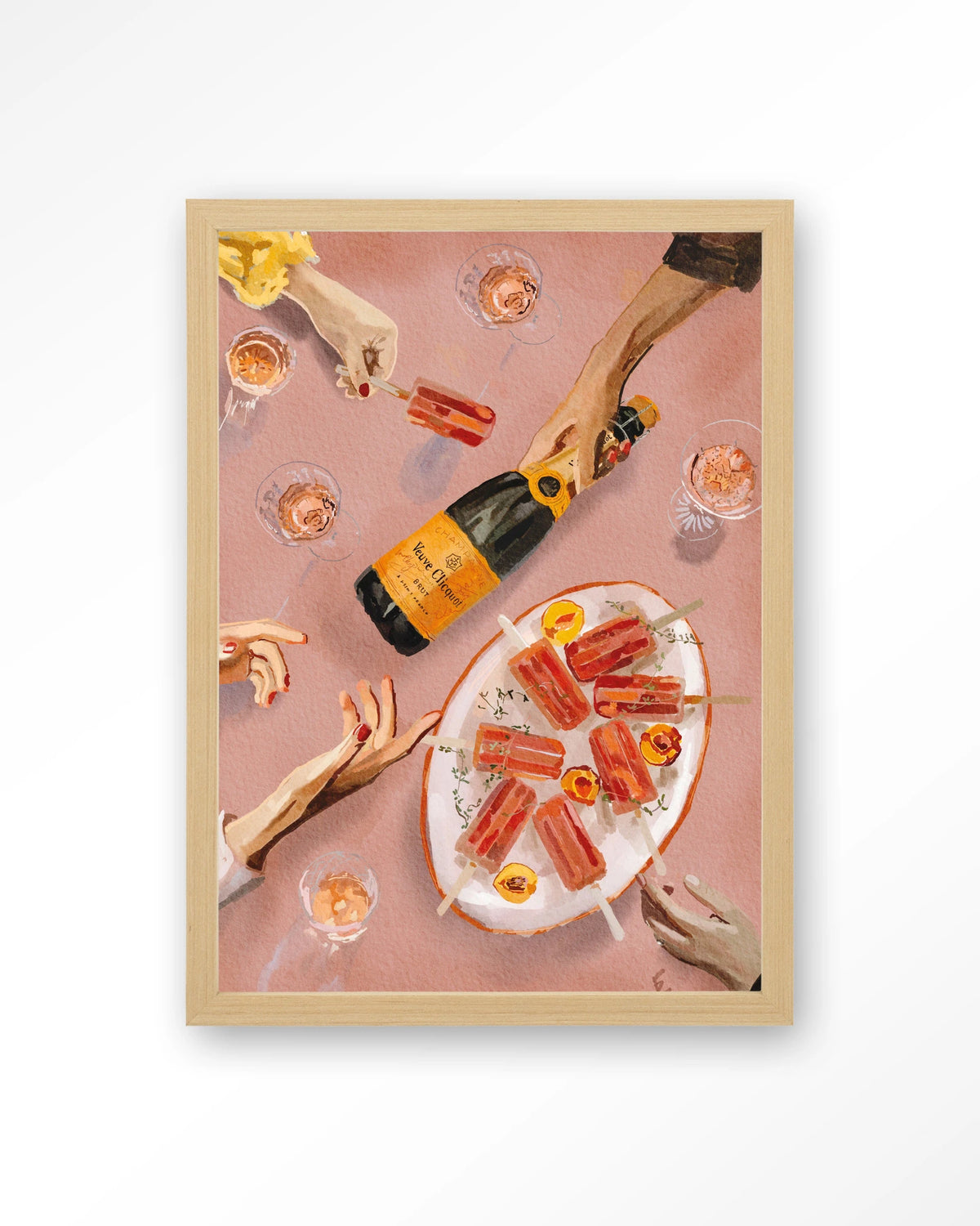 Champagne And Icecreams – champagne en ijslolly's in roze – Art print – Hout naturel