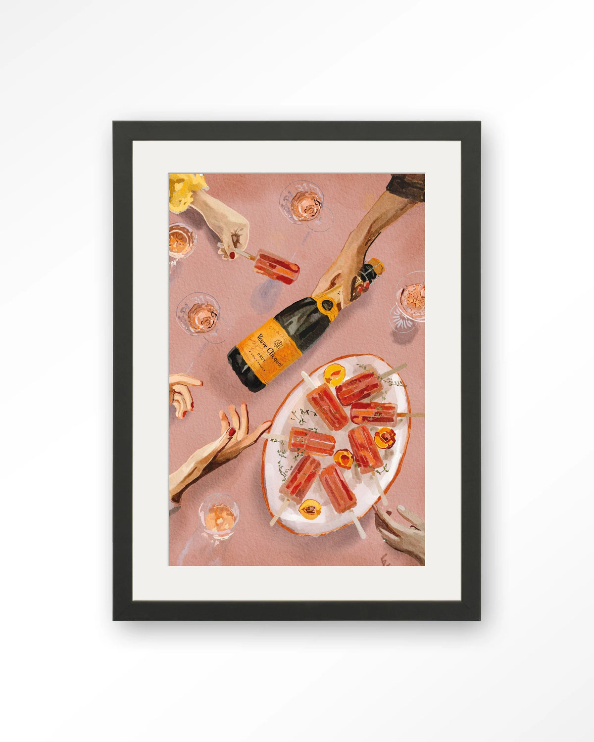 Champagne And Icecreams – champagne en ijslolly's in roze – Art print – Hout zwart + passe-partout