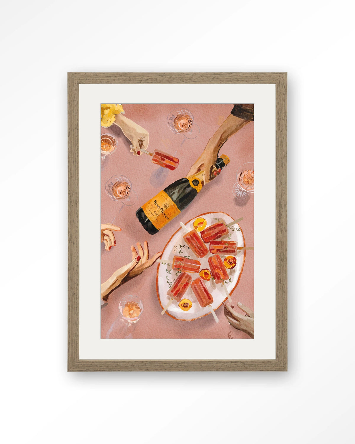 Champagne And Icecreams – champagne en ijslolly's in roze – Art print – Hout bruin + passe-partout