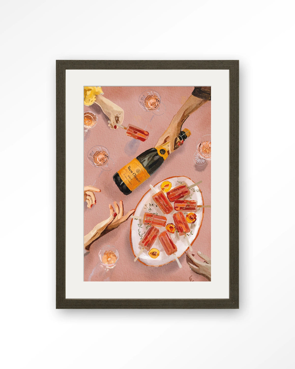 Champagne And Icecreams – champagne en ijslolly's in roze – Art print – Hout donkerbruin + passe-partout