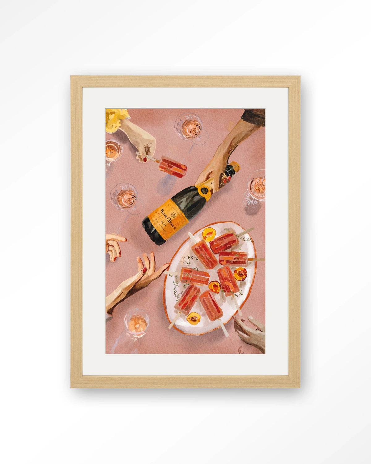 Champagne And Icecreams – champagne en ijslolly's in roze – Art print – Hout naturel + passe-partout