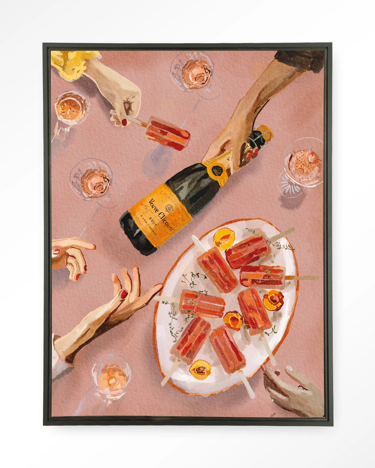 Champagne And Icecreams – champagne en ijslolly's in roze – Wandkleed – Floating frame – zwart