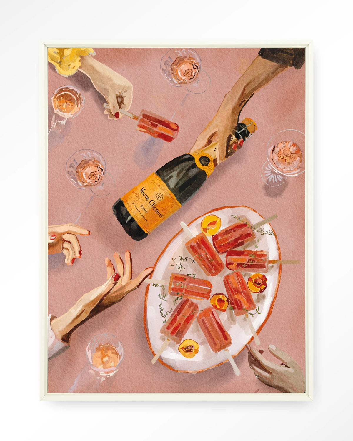 Champagne And Icecreams – champagne en ijslolly's in roze – Wandkleed – Floating frame – wit