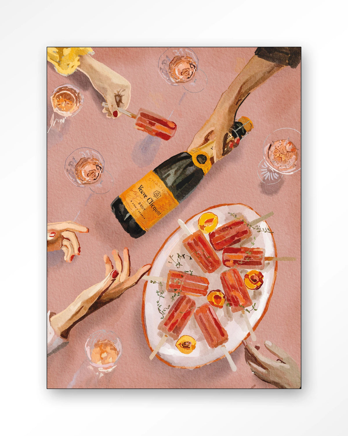 Champagne And Icecreams – champagne en ijslolly's in roze – Wandkleed – Frame – zwart