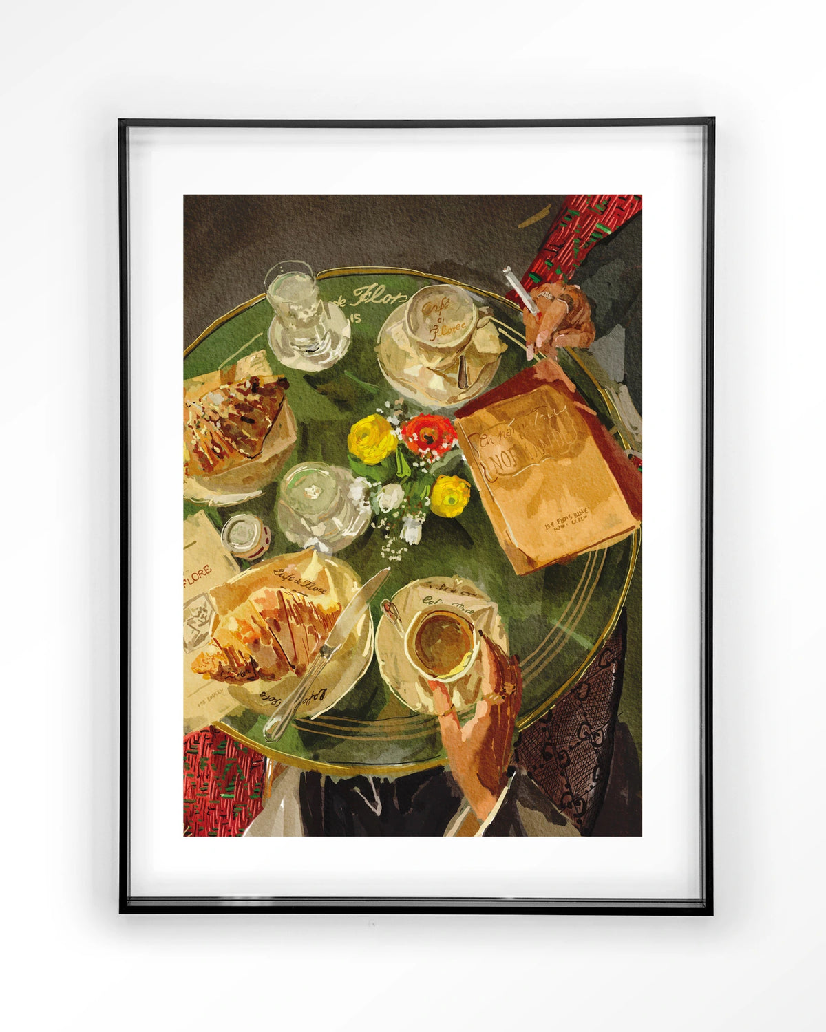 Croissants At Cafe de Flore – croissants en koffie op caféterras – Art print – Acryl zwart