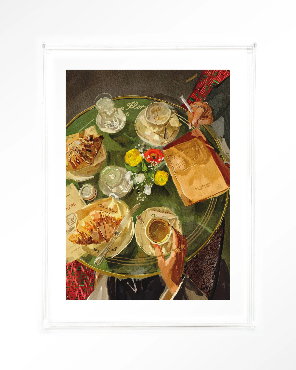 Croissants At Cafe de Flore – croissants en koffie op caféterras – Art print – Acryl doorzichtig