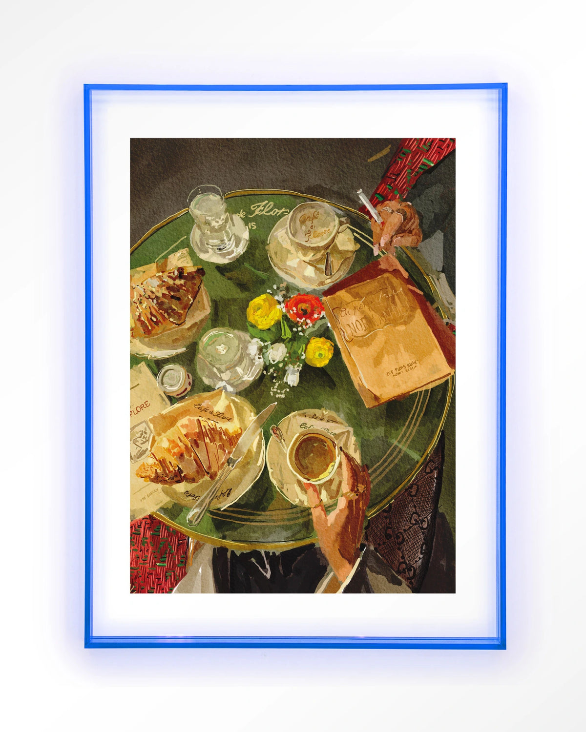 Croissants At Cafe de Flore – croissants en koffie op caféterras – Art print – Acryl lichtblauw