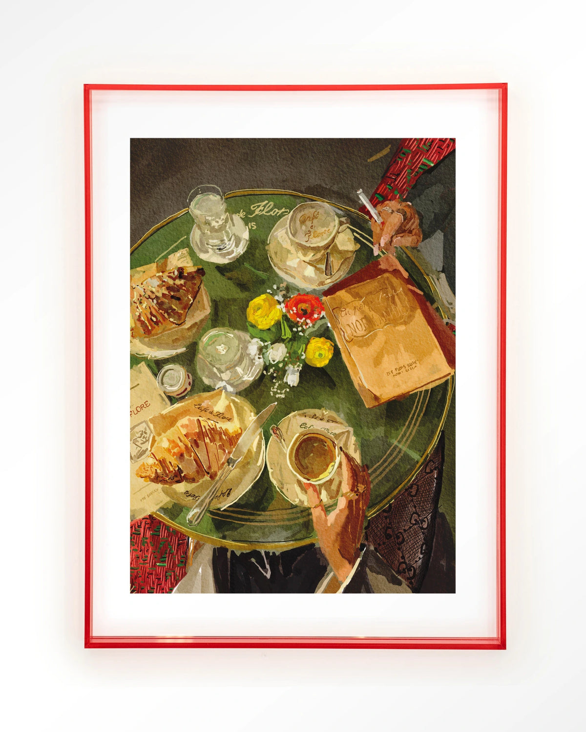 Croissants At Cafe de Flore – croissants en koffie op caféterras – Art print – Acryl roze
