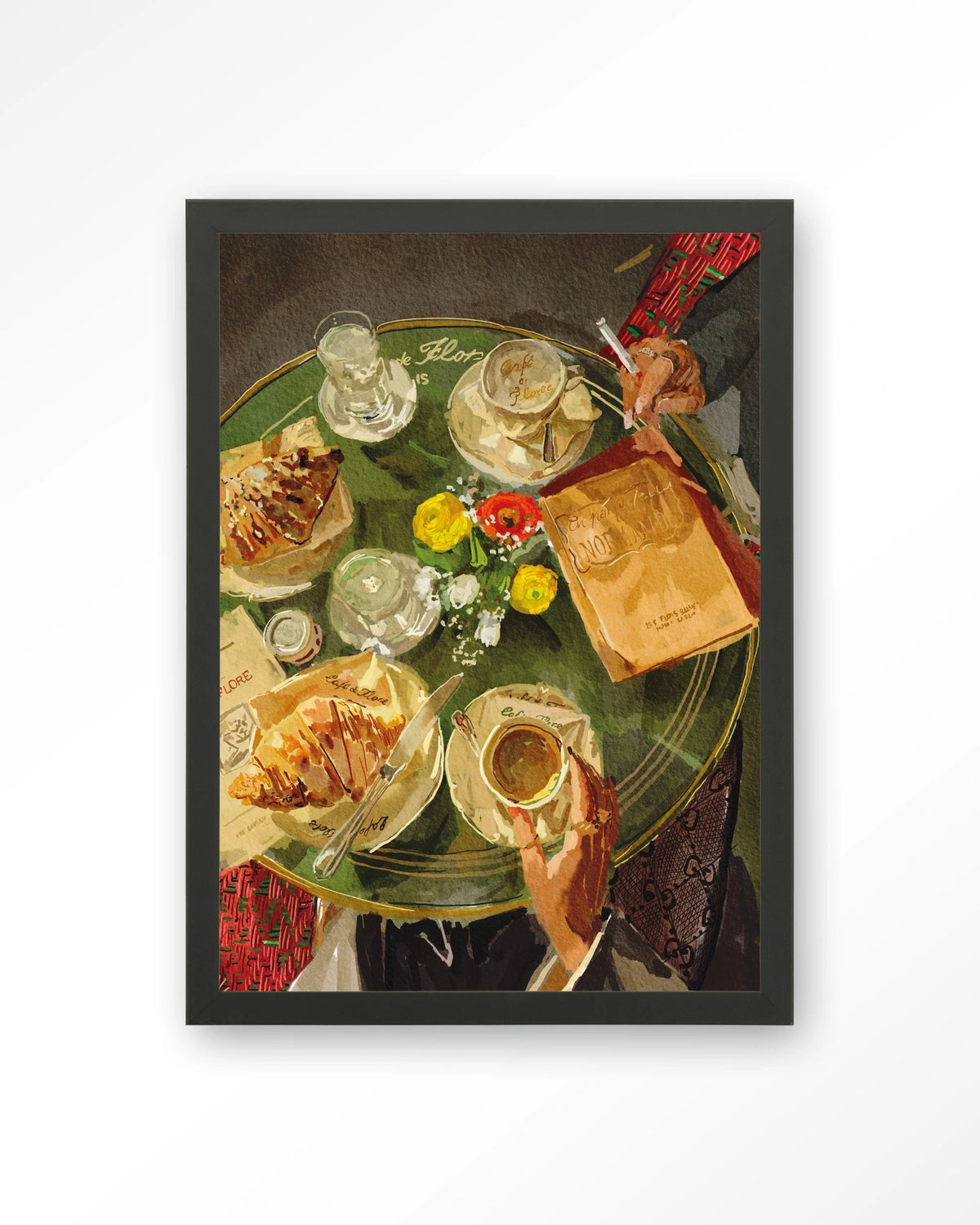 Croissants At Cafe de Flore – croissants en koffie op caféterras – Art print – Hout zwart