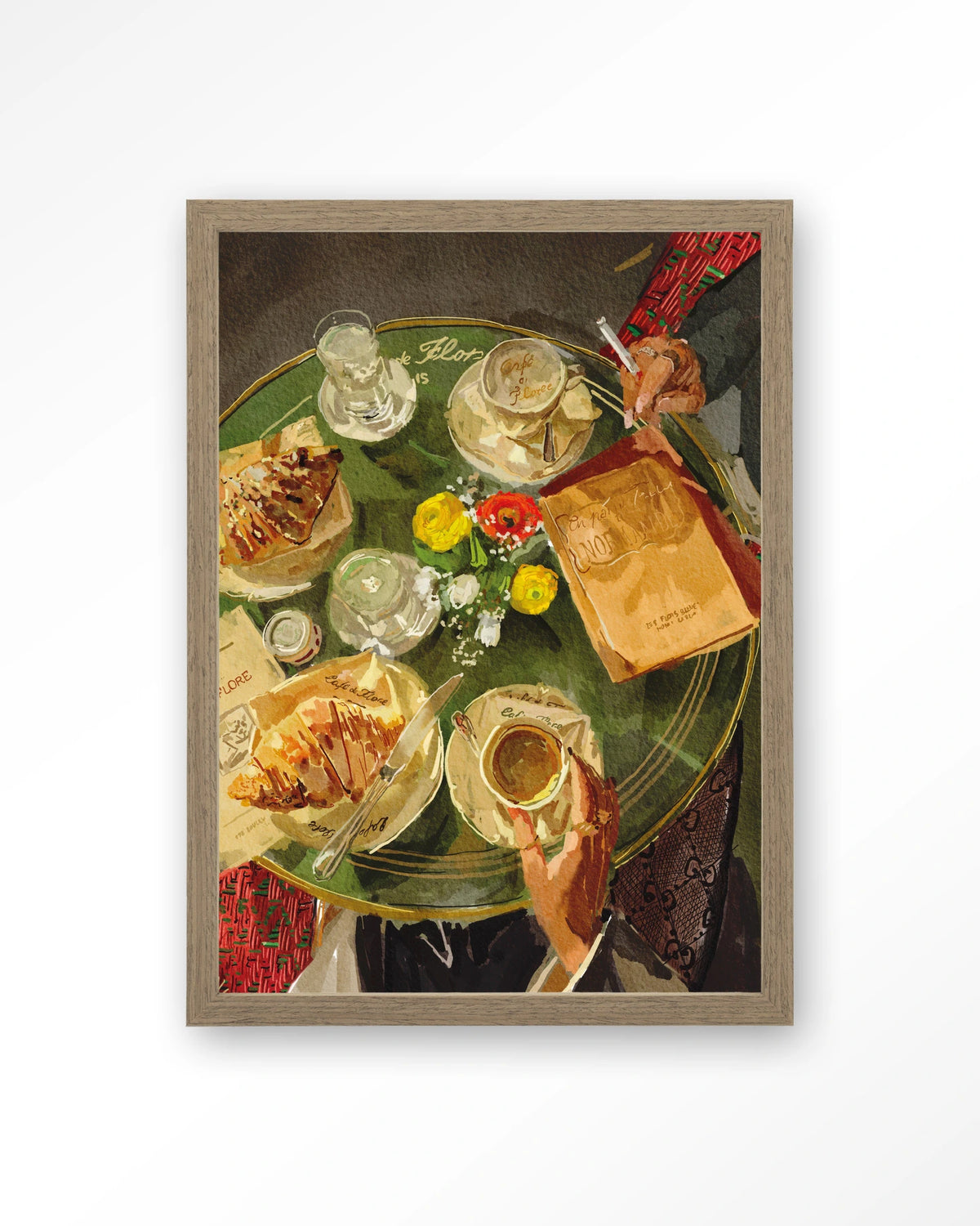 Croissants At Cafe de Flore – croissants en koffie op caféterras – Art print – Hout bruin