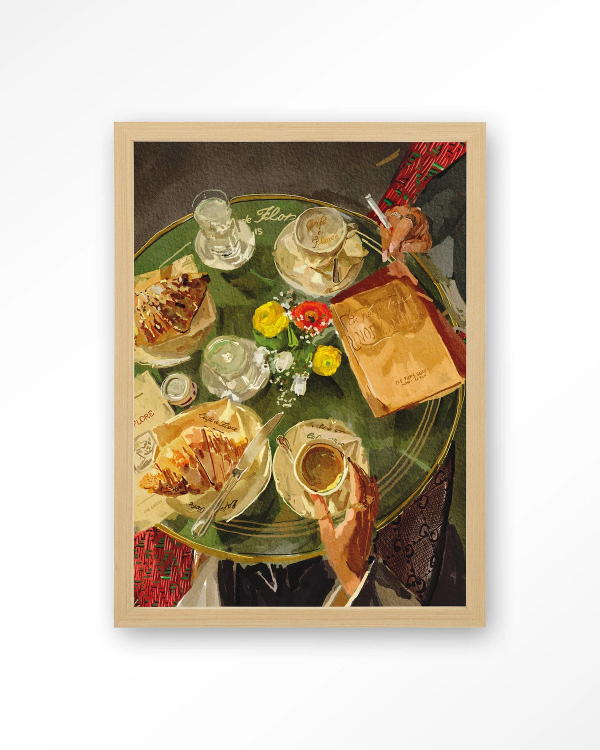 Croissants At Cafe de Flore – croissants en koffie op caféterras – Art print – Hout naturel