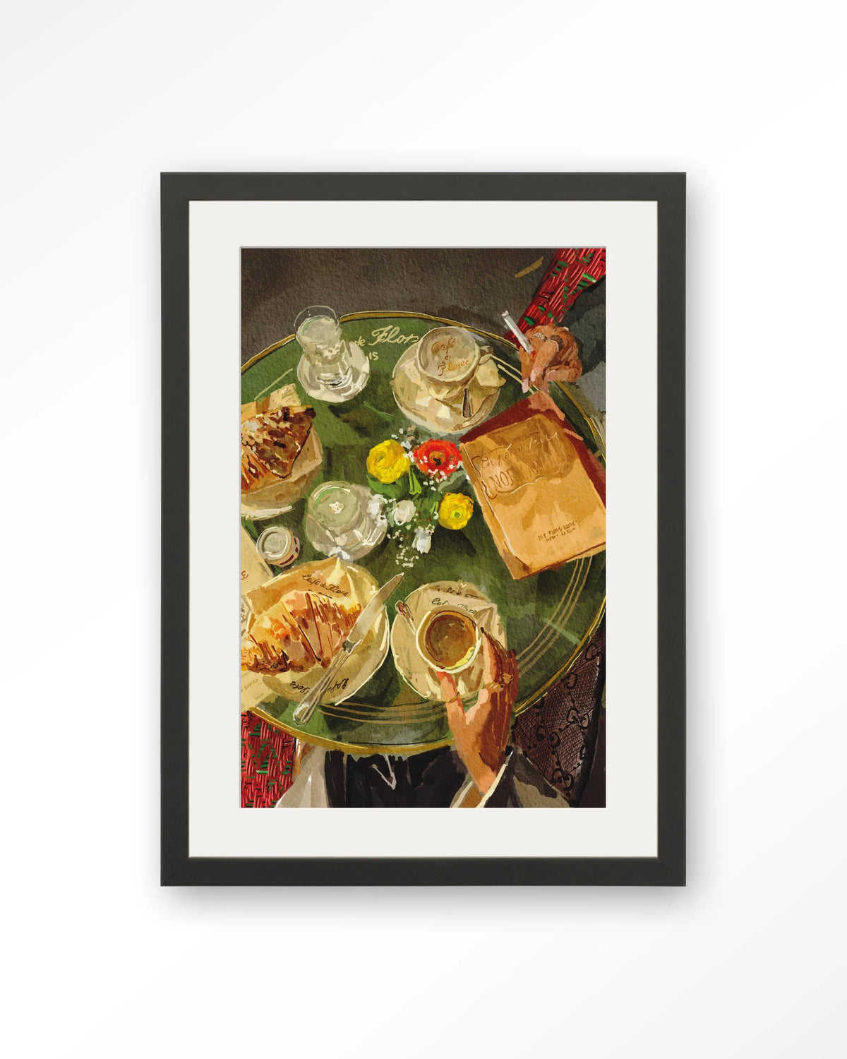 Croissants At Cafe de Flore – croissants en koffie op caféterras – Art print – Hout zwart + passe-partout