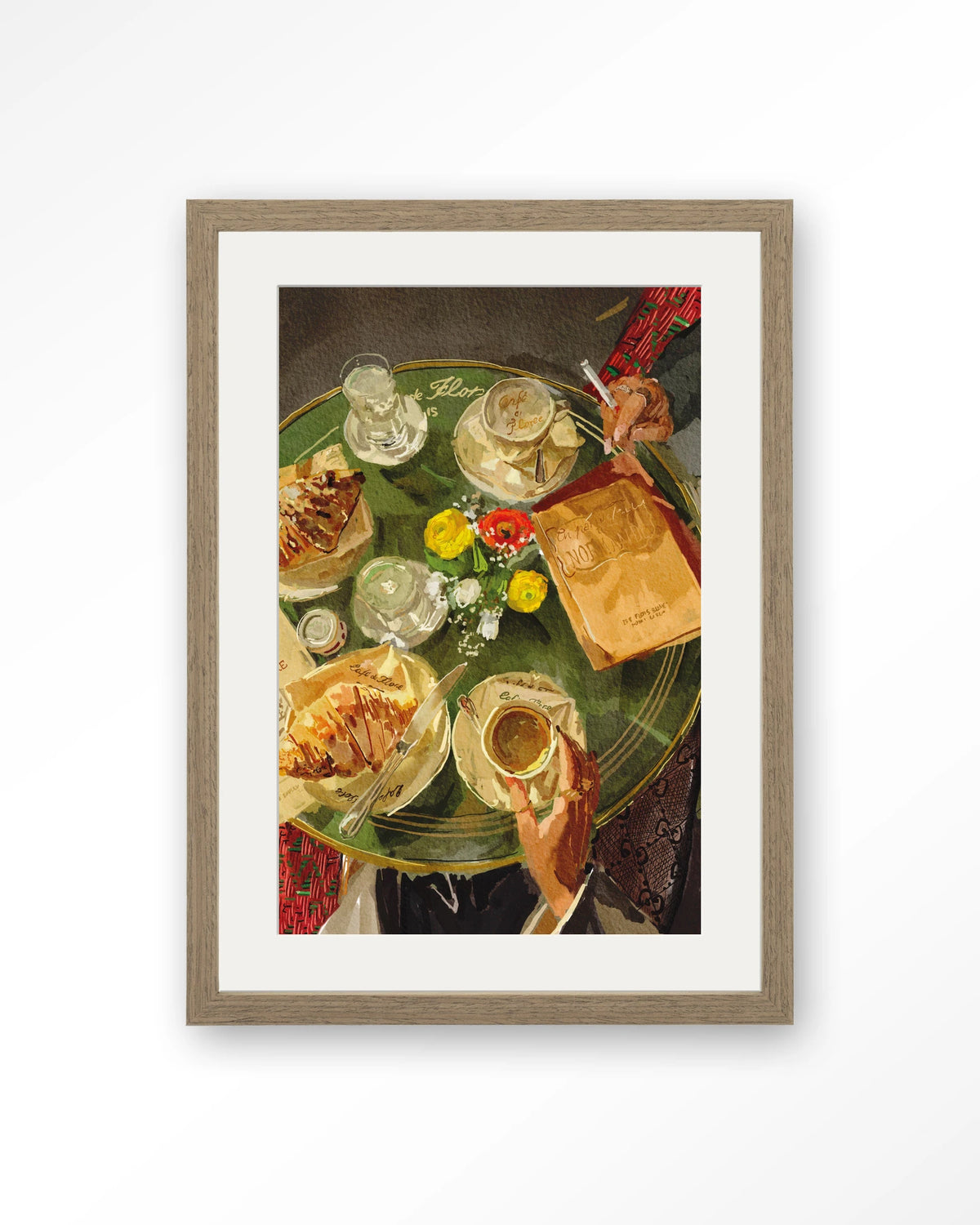 Croissants At Cafe de Flore – croissants en koffie op caféterras – Art print – Hout bruin + passe-partout