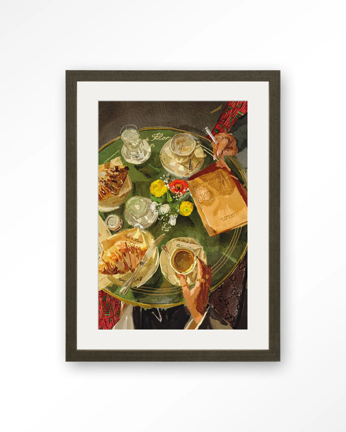 Croissants At Cafe de Flore – croissants en koffie op caféterras – Art print – Hout donkerbruin + passe-partout