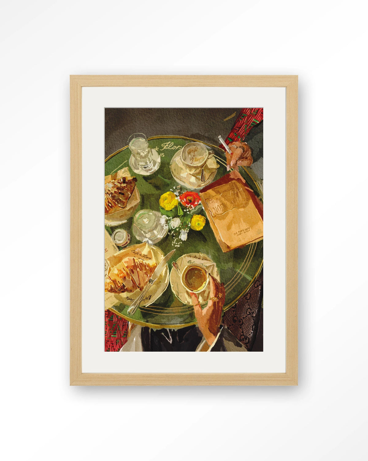 Croissants At Cafe de Flore – croissants en koffie op caféterras – Art print – Hout naturel + passe-partout