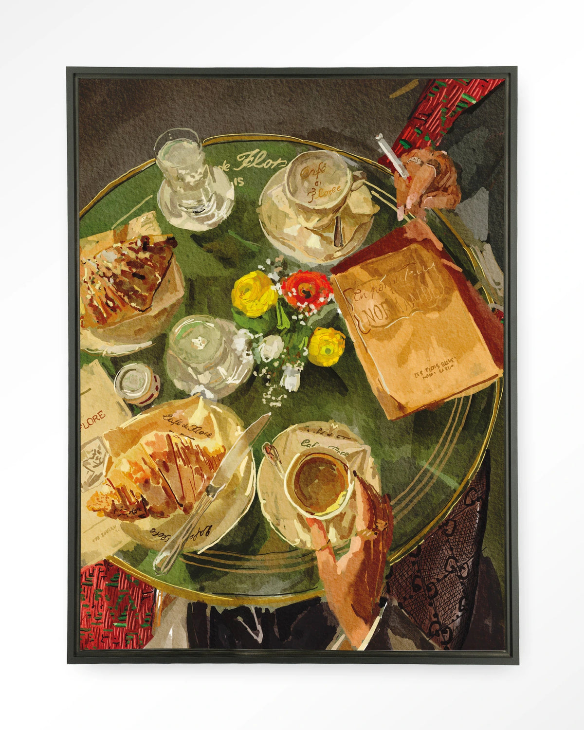 Croissants At Cafe de Flore – croissants en koffie op caféterras – Wandkleed – Floating frame – zwart