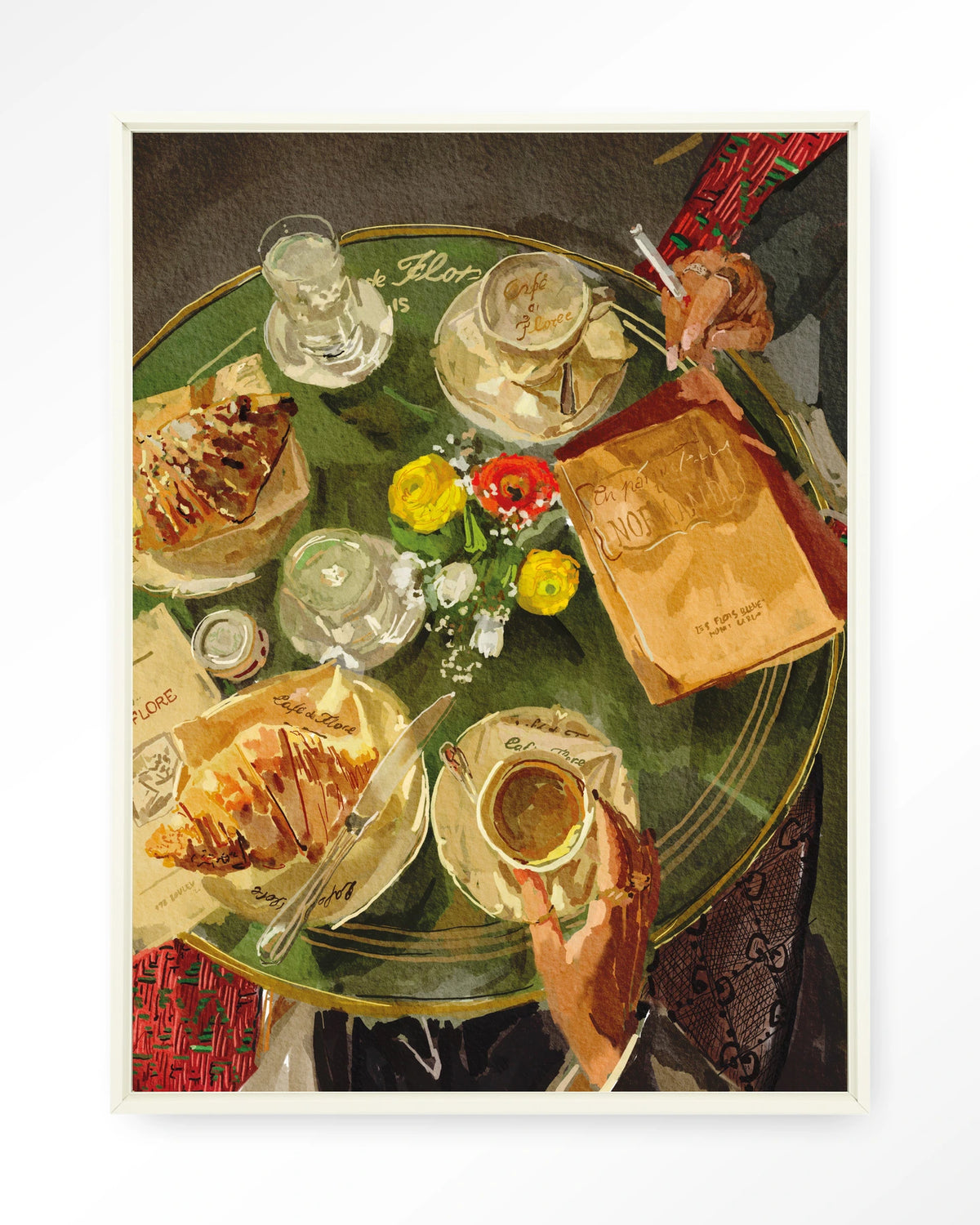 Croissants At Cafe de Flore – croissants en koffie op caféterras – Wandkleed – Floating frame – wit