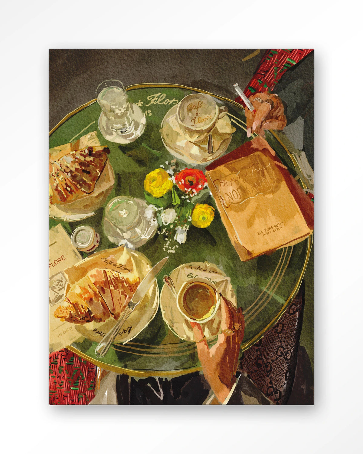 Croissants At Cafe de Flore – croissants en koffie op caféterras – Wandkleed – Frame – zwart
