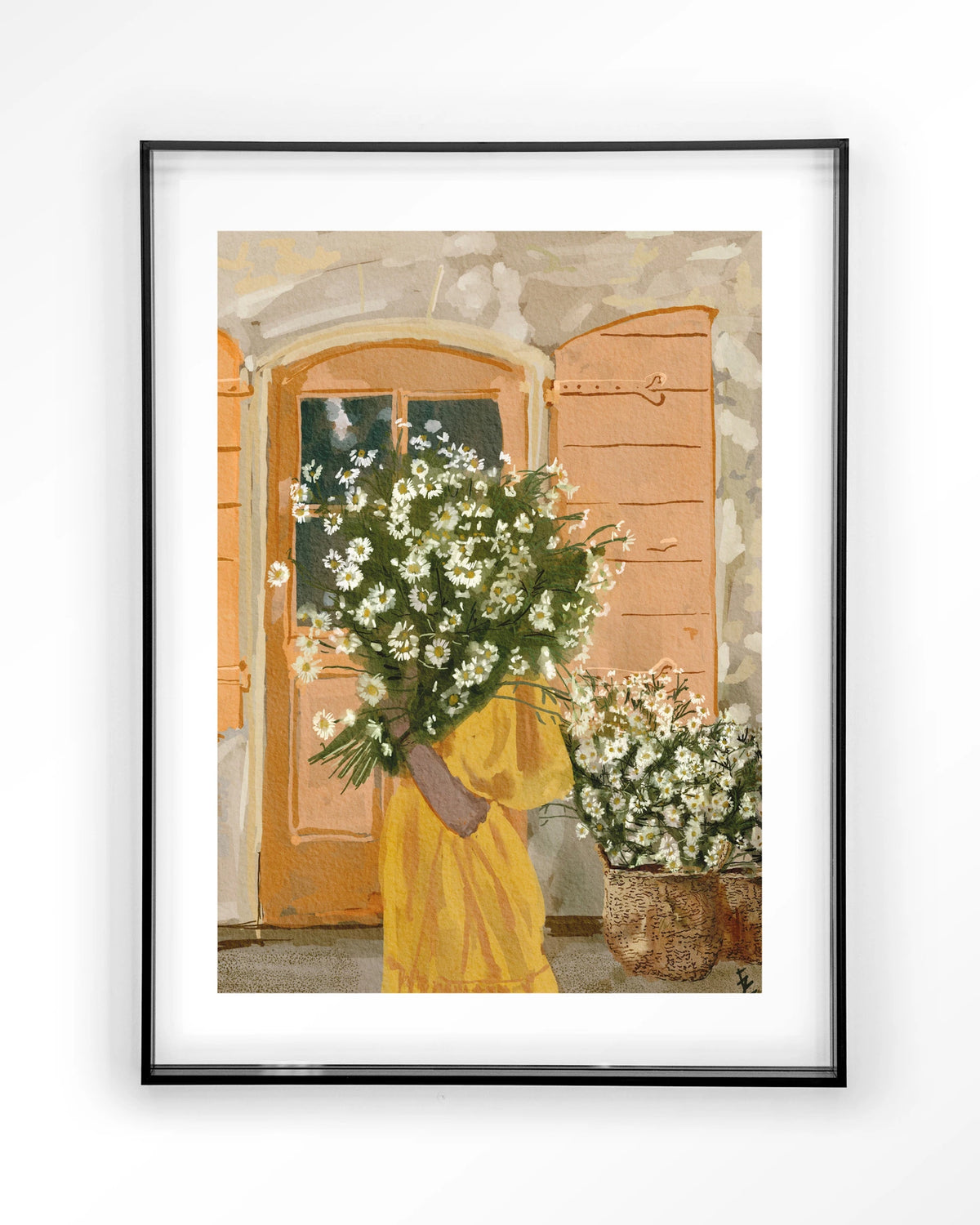 Daisy Lady – vrouw met margrieten voor oranje deur – Art print – Acryl zwart