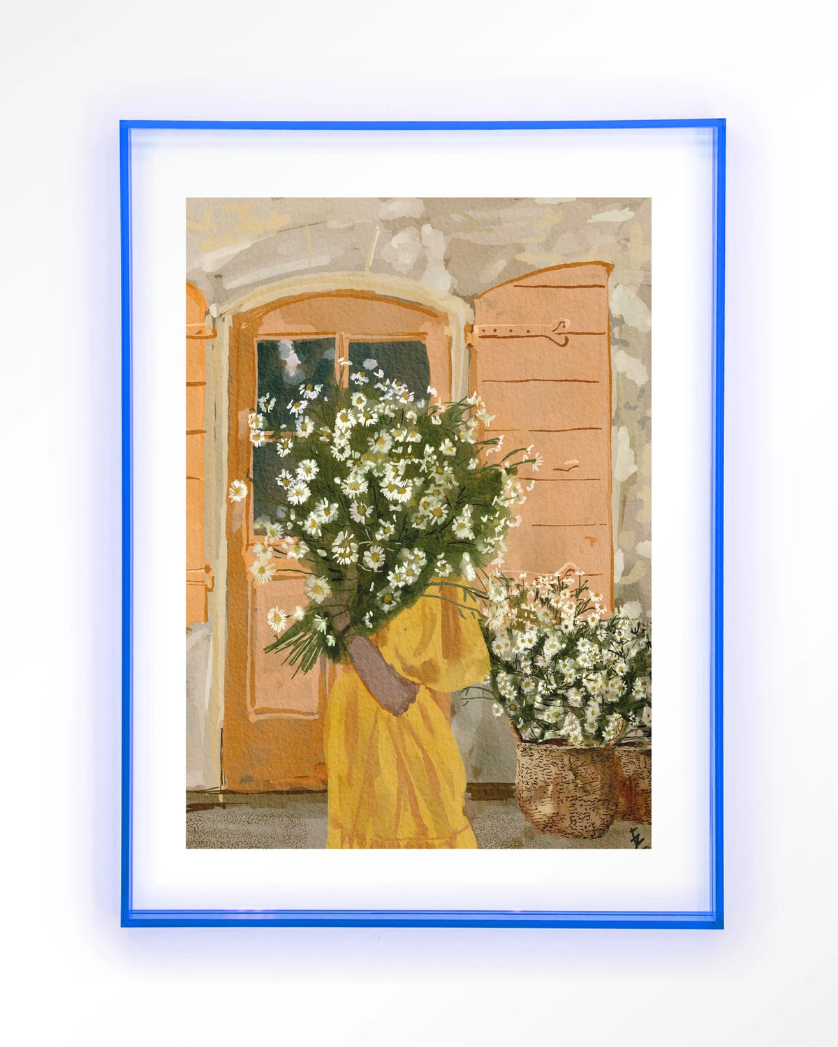 Daisy Lady – vrouw met margrieten voor oranje deur – Art print – Acryl lichtblauw