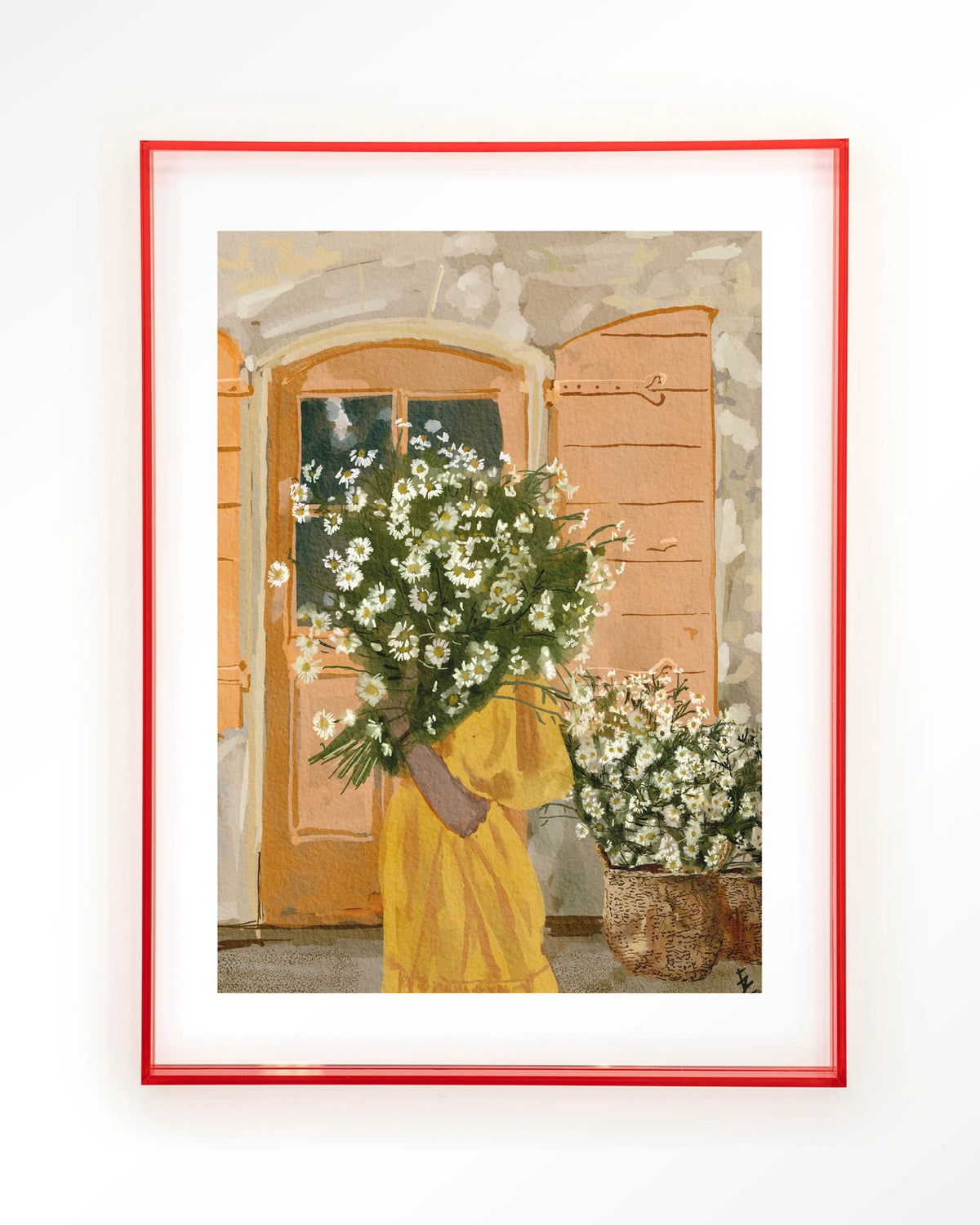 Daisy Lady – vrouw met margrieten voor oranje deur – Art print – Acryl roze