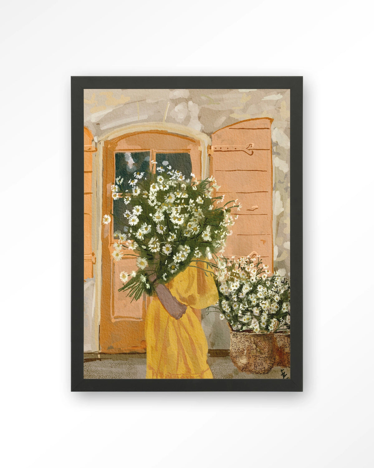 Daisy Lady – vrouw met margrieten voor oranje deur – Art print – Hout zwart