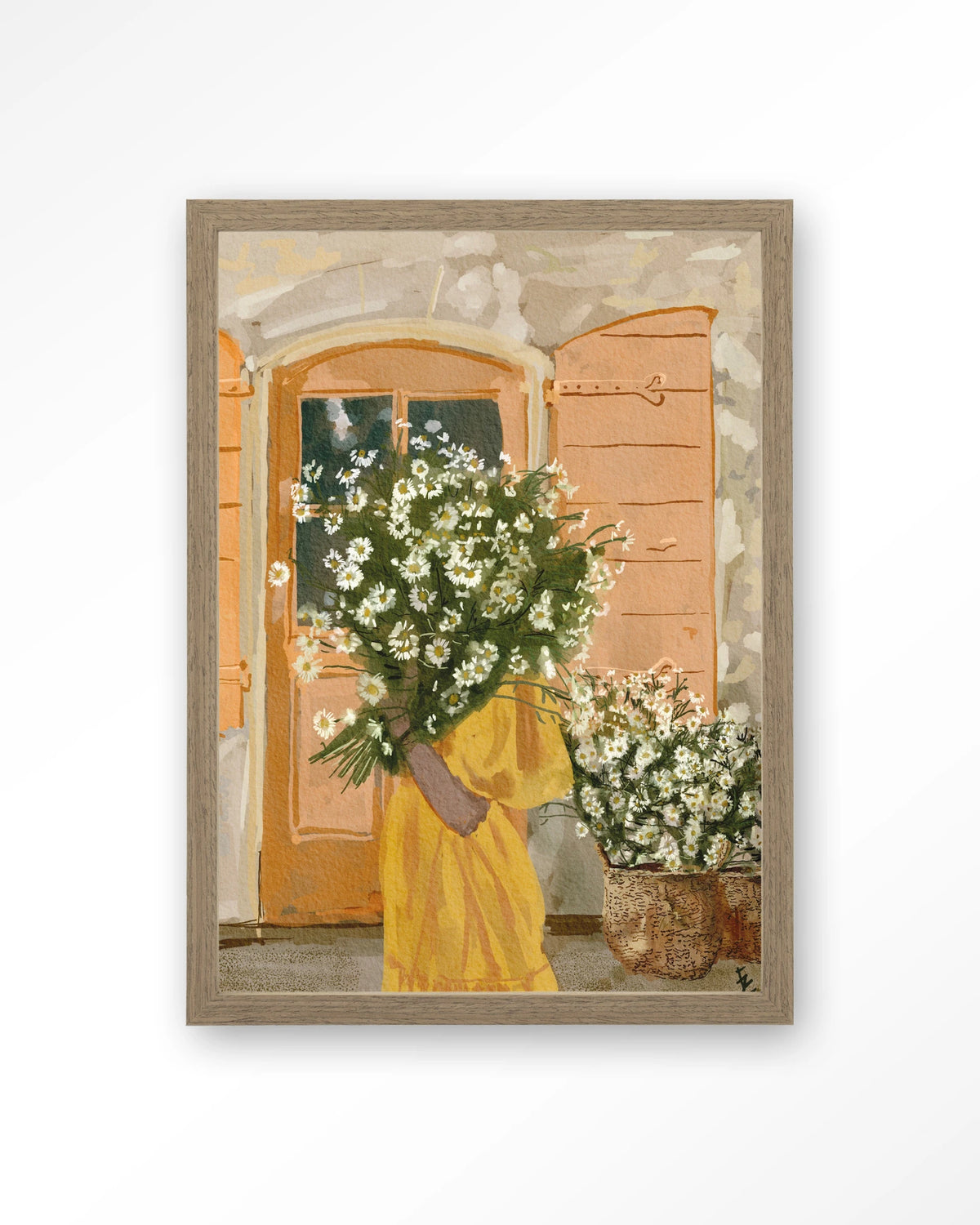 Daisy Lady – vrouw met margrieten voor oranje deur – Art print – Hout bruin