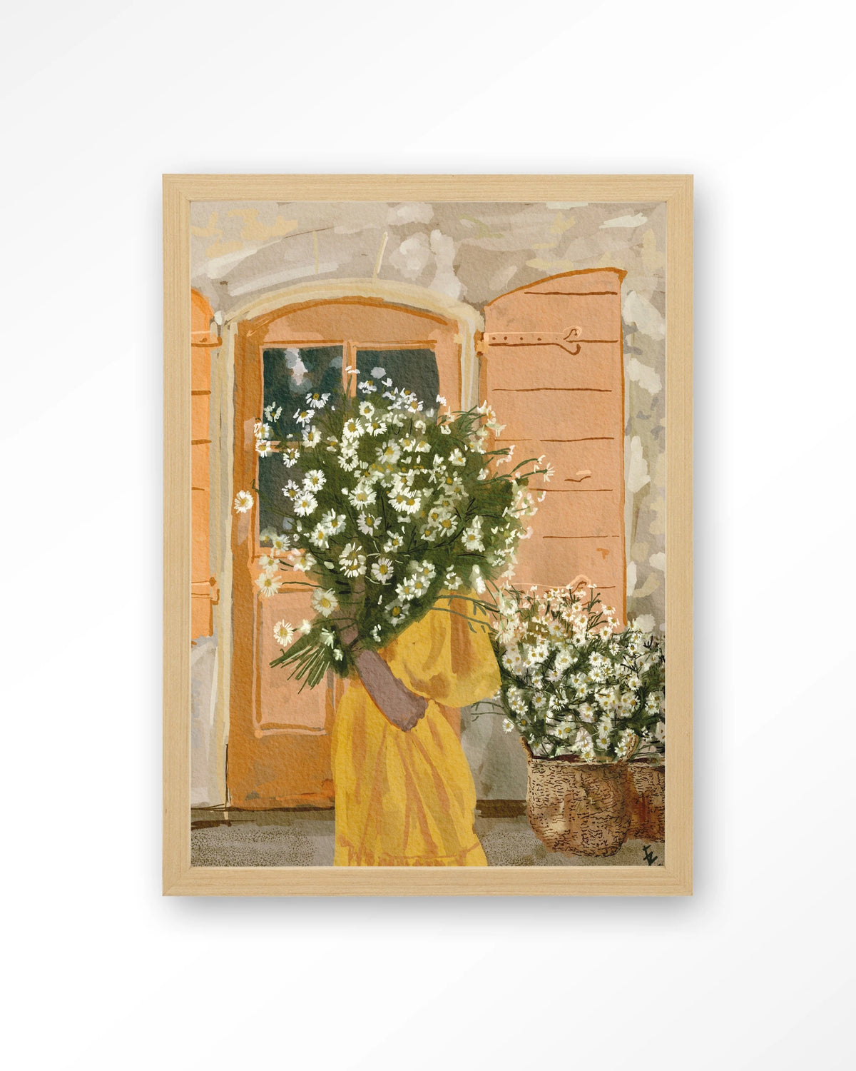 Daisy Lady – vrouw met margrieten voor oranje deur – Art print – Hout naturel