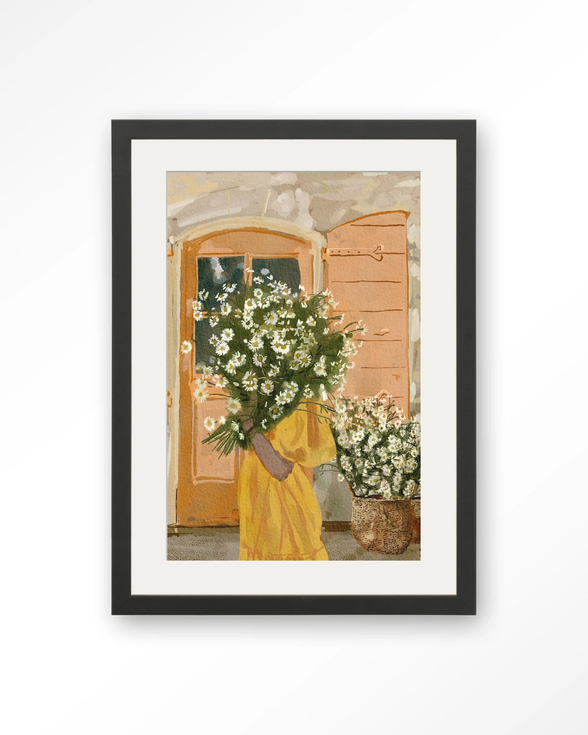 Daisy Lady – vrouw met margrieten voor oranje deur – Art print – Hout zwart + passe-partout