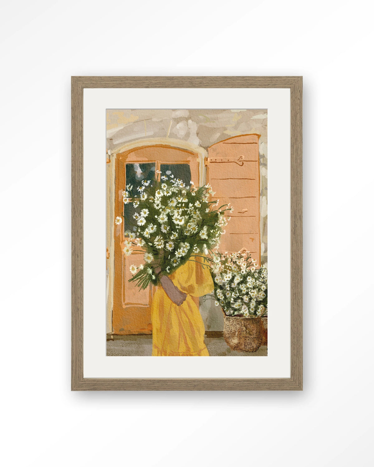 Daisy Lady – vrouw met margrieten voor oranje deur – Art print – Hout bruin + passe-partout