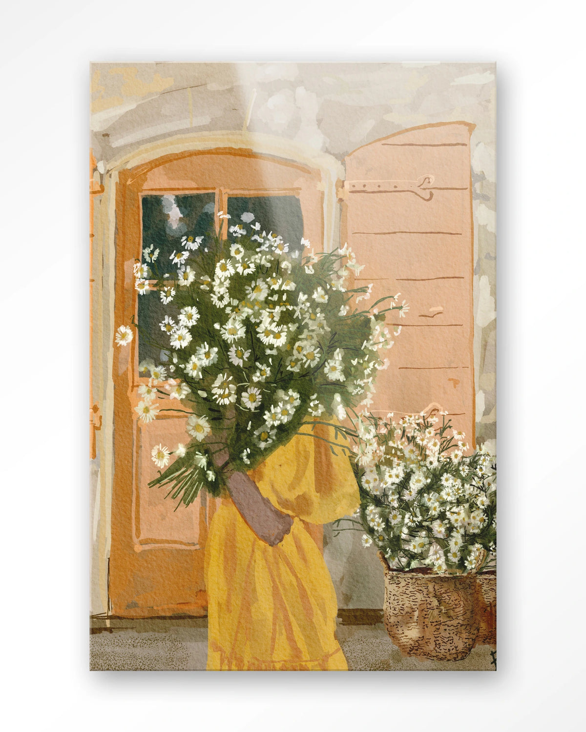 Daisy Lady – vrouw met margrieten voor oranje deur – Glas – Blinde montage