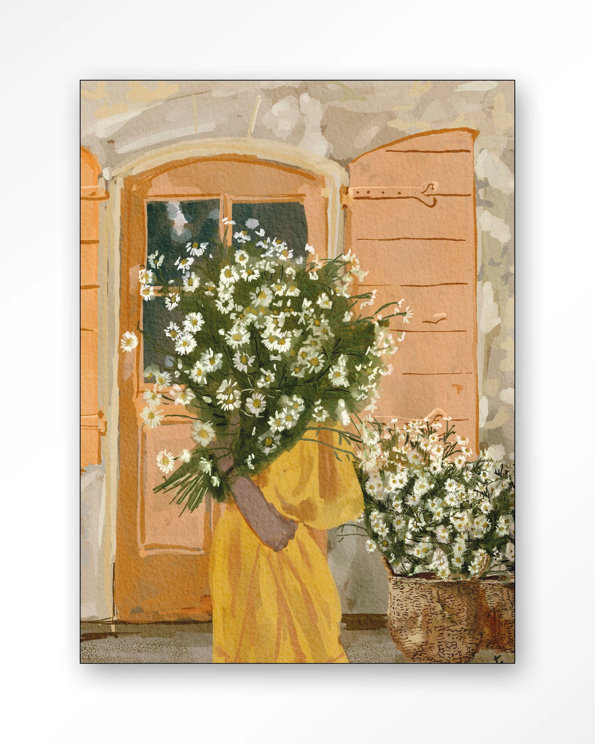 Daisy Lady – vrouw met margrieten voor oranje deur – Wandkleed – Frame – zwart