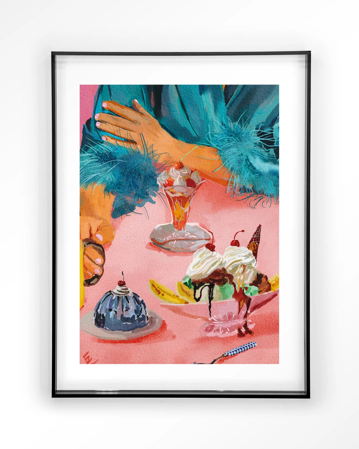 Ice Creams – ijscoupes op roze tafel – Art print – Acryl zwart
