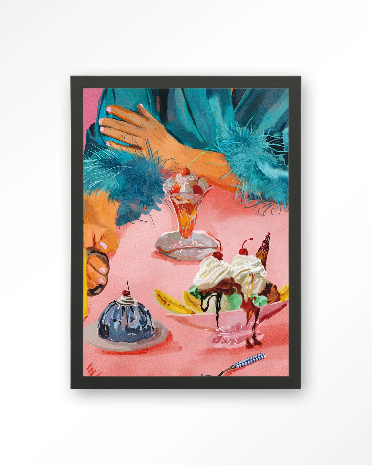 Ice Creams – ijscoupes op roze tafel – Art print – Hout zwart