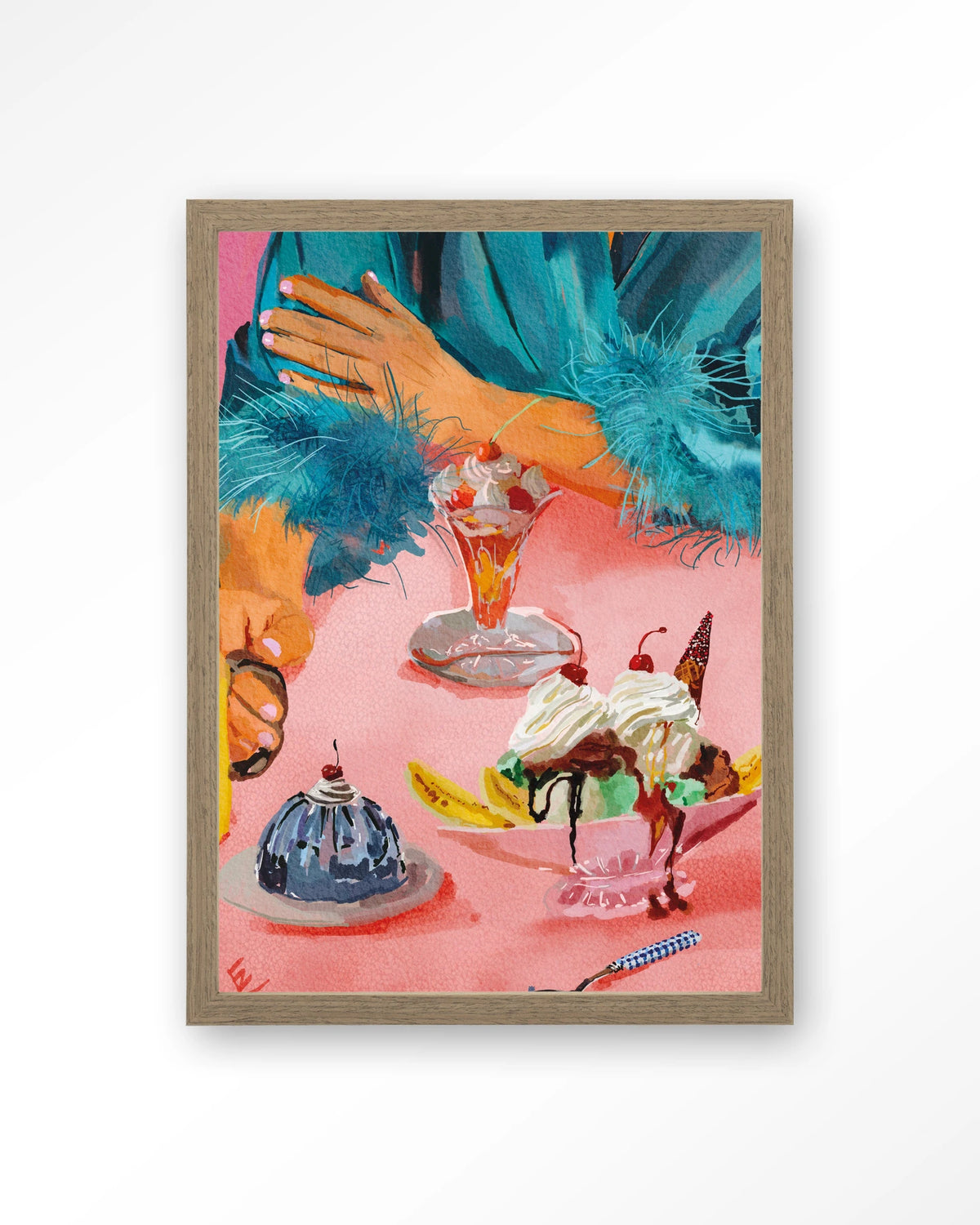 Ice Creams – ijscoupes op roze tafel – Art print – Hout bruin