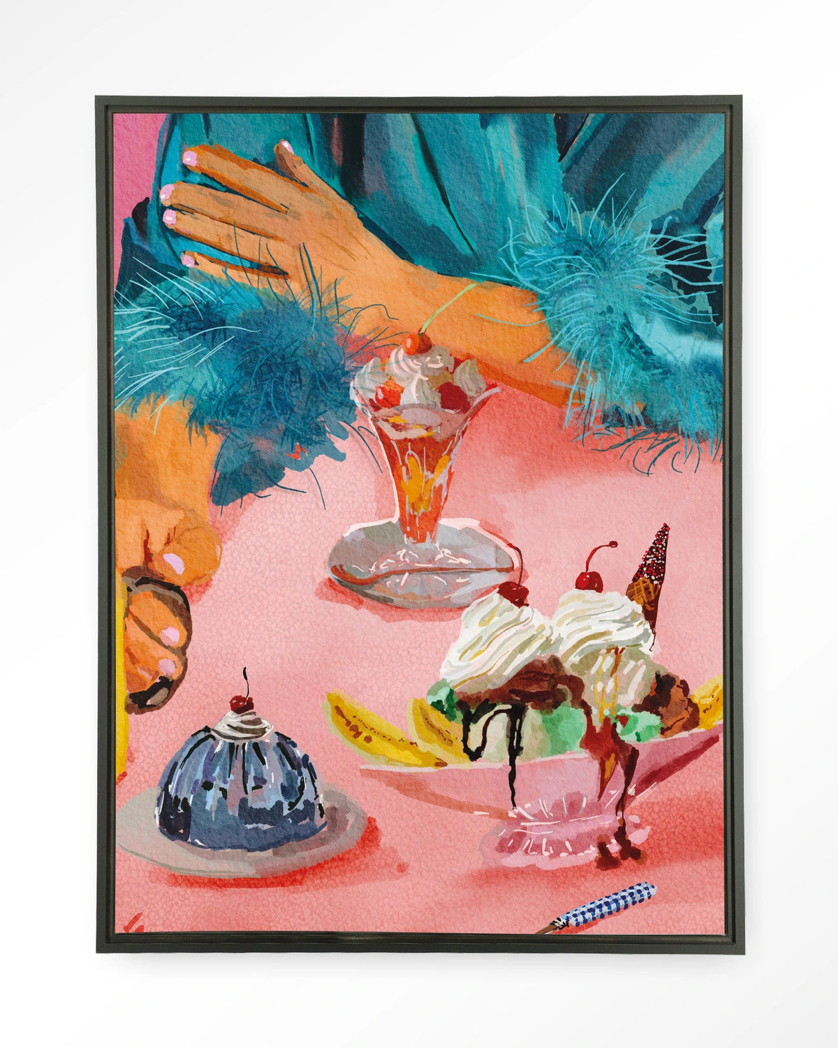 Ice Creams – ijscoupes op roze tafel – Wandkleed – Floating frame – zwart