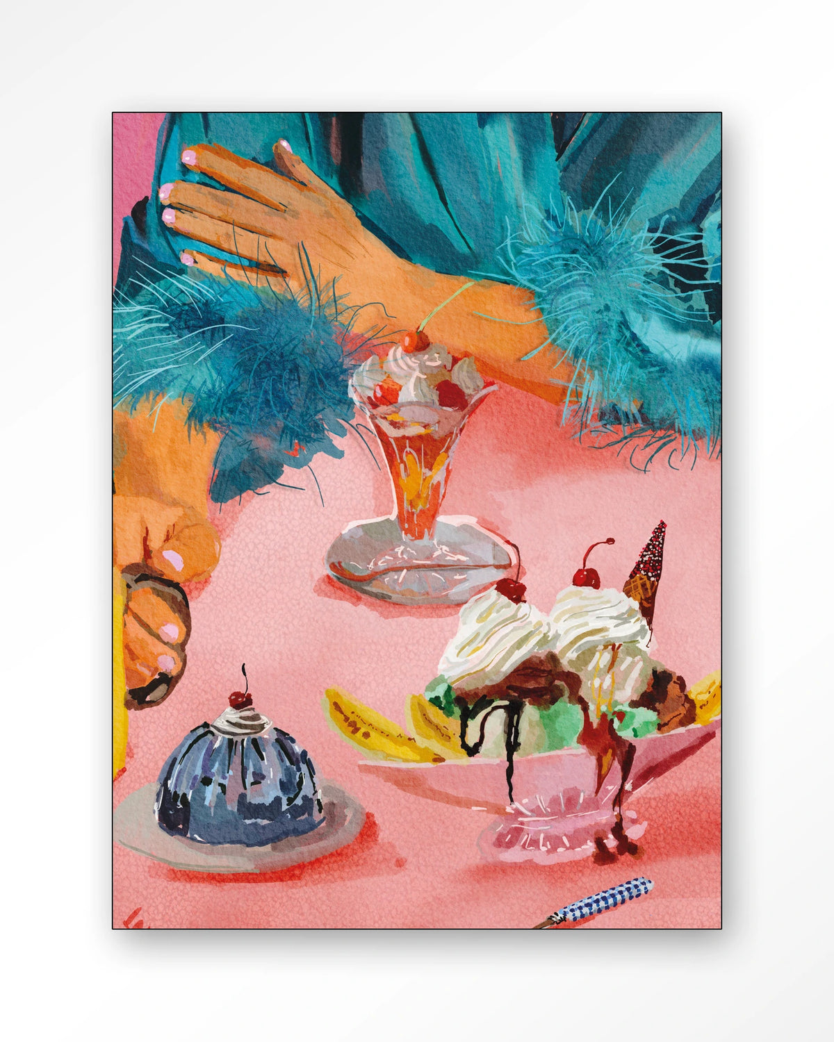 Ice Creams – ijscoupes op roze tafel – Wandkleed – Frame – zwart