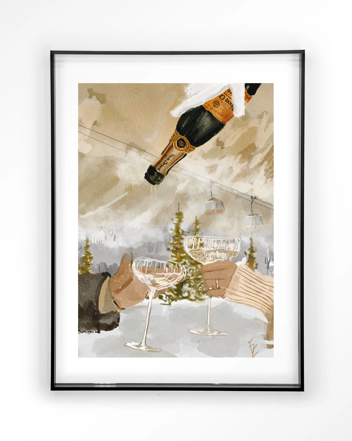 Winter Champagne – champagne in de sneeuw bij skilift – Art print – Acryl zwart